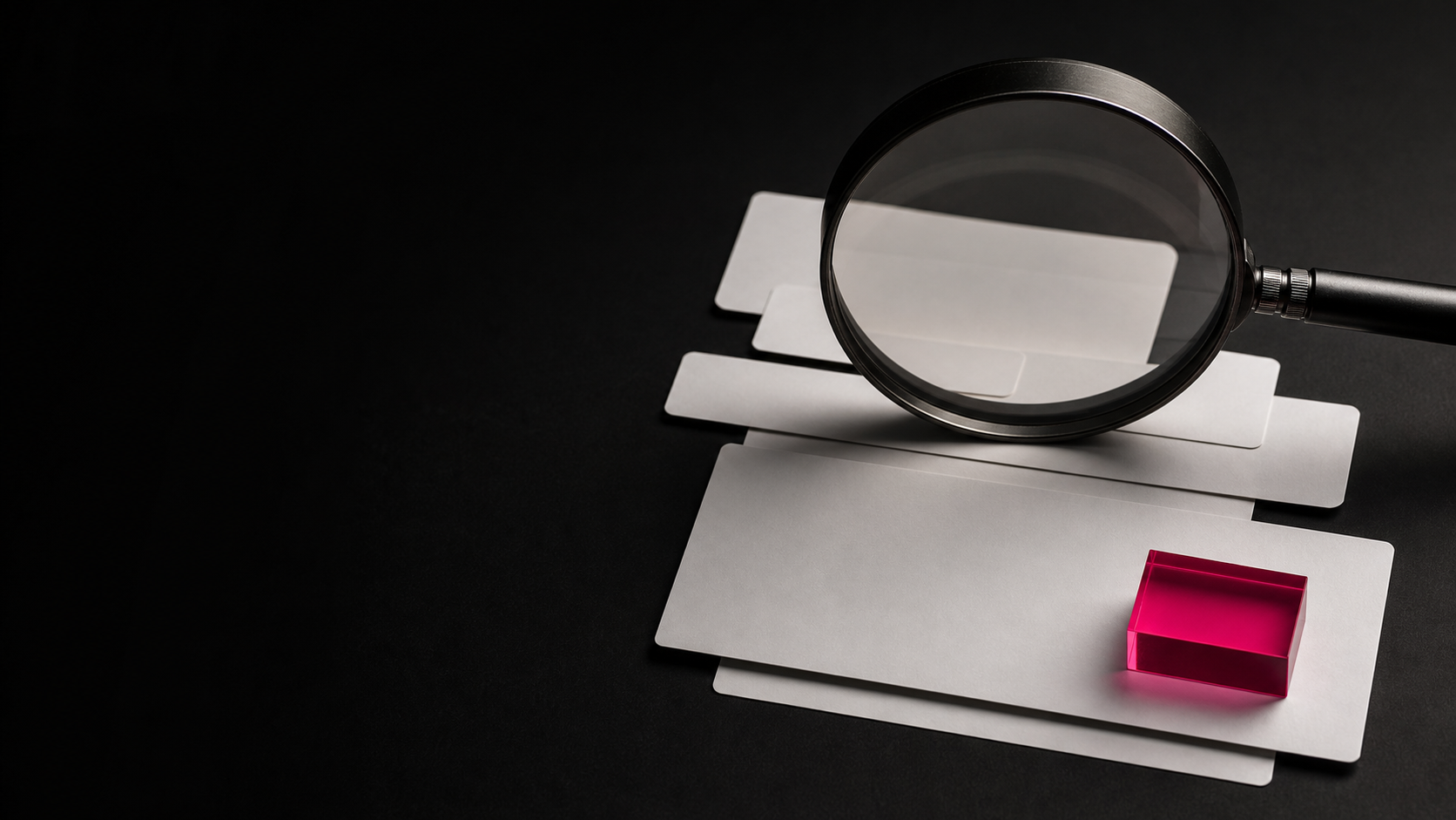A magnifying glass resting over blank editorial cards