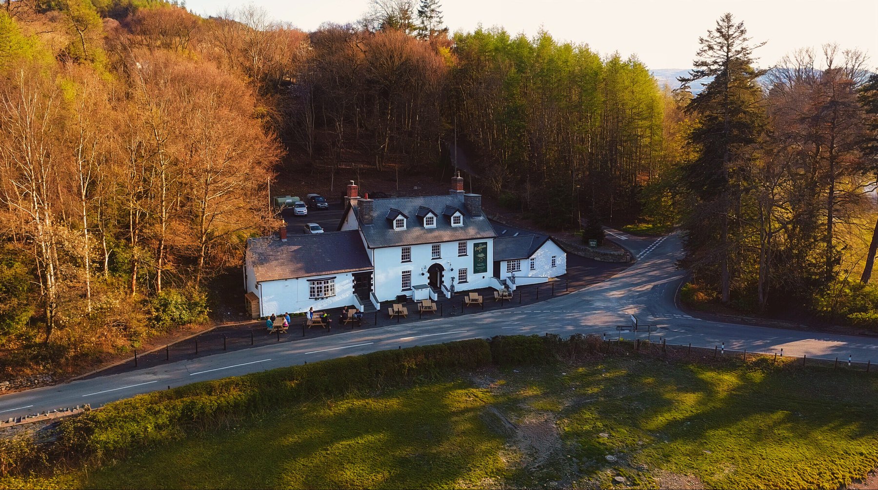 The Bryntirion Inn from the air at golden hour